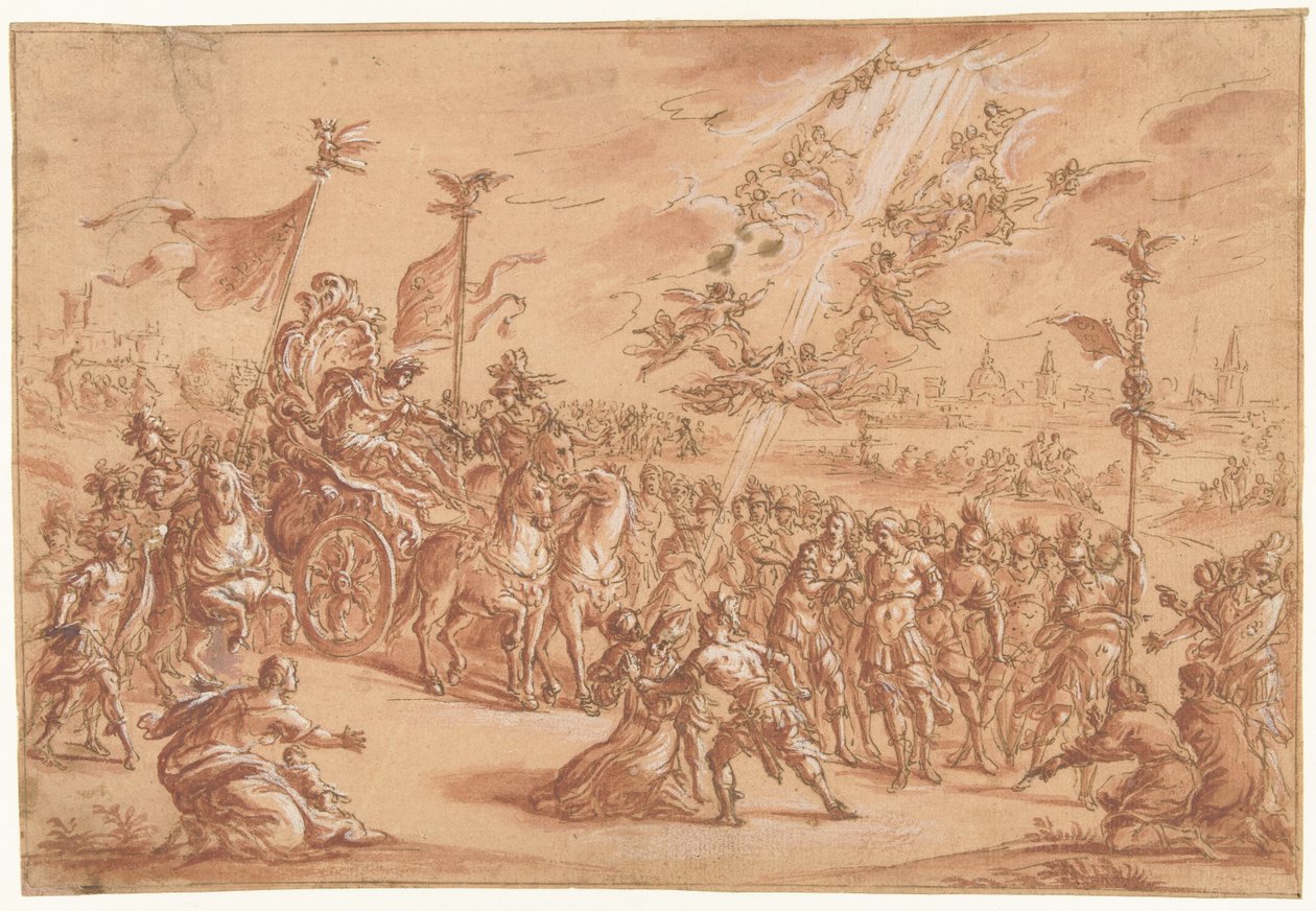 Svatý biskup klečí vedle procesí římského imperátora od Bernardo Castello (attributed to)