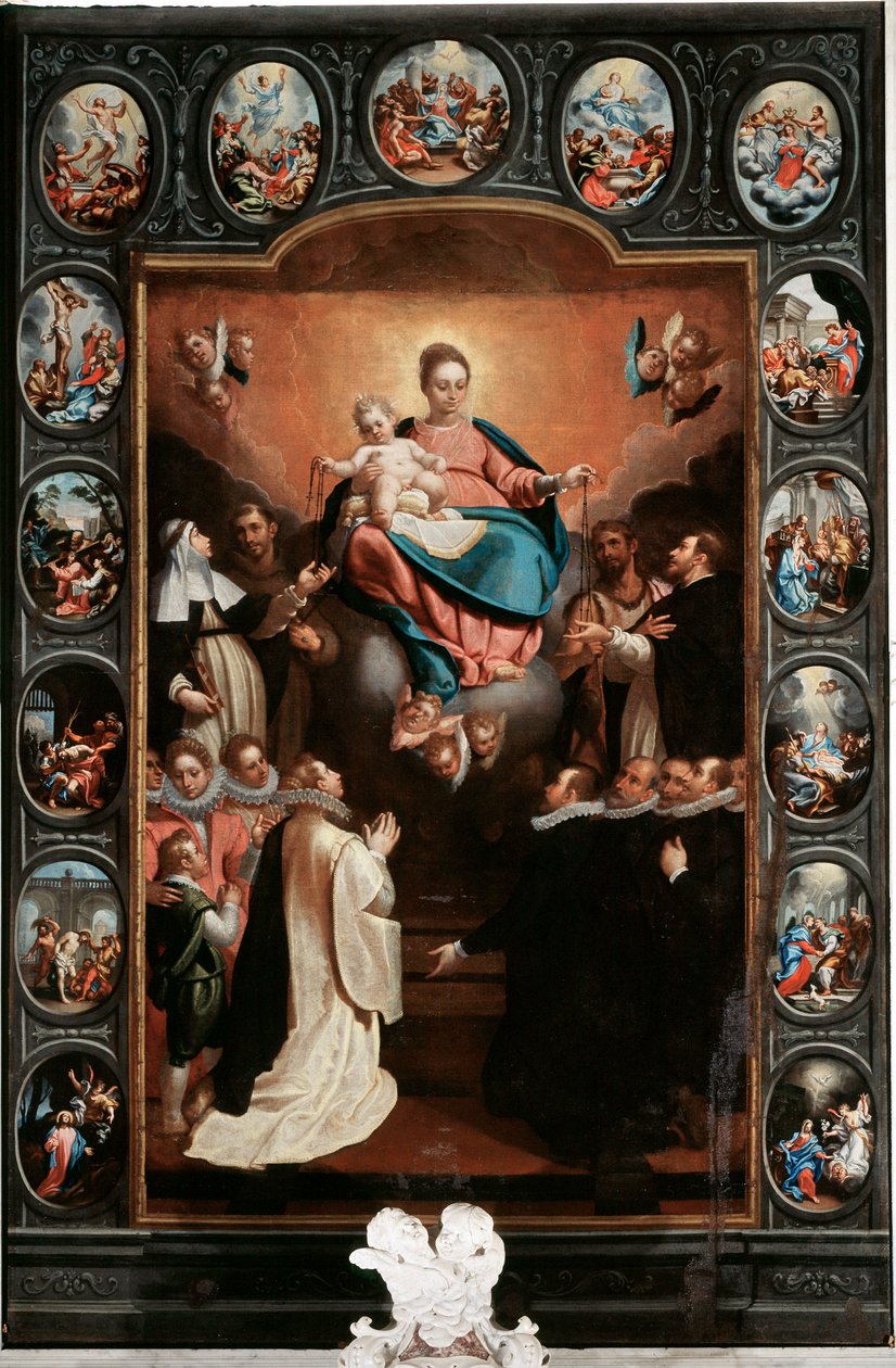 Panna s dítětem a tajemství růžence - Obraz Bernarda Castella (1557-1629) (uprostřed) a Paola Gerolama Piola (1666-1724) Santa Margherita Ligure, Kostel Santa Margherita Itálie od Bernardo Castello