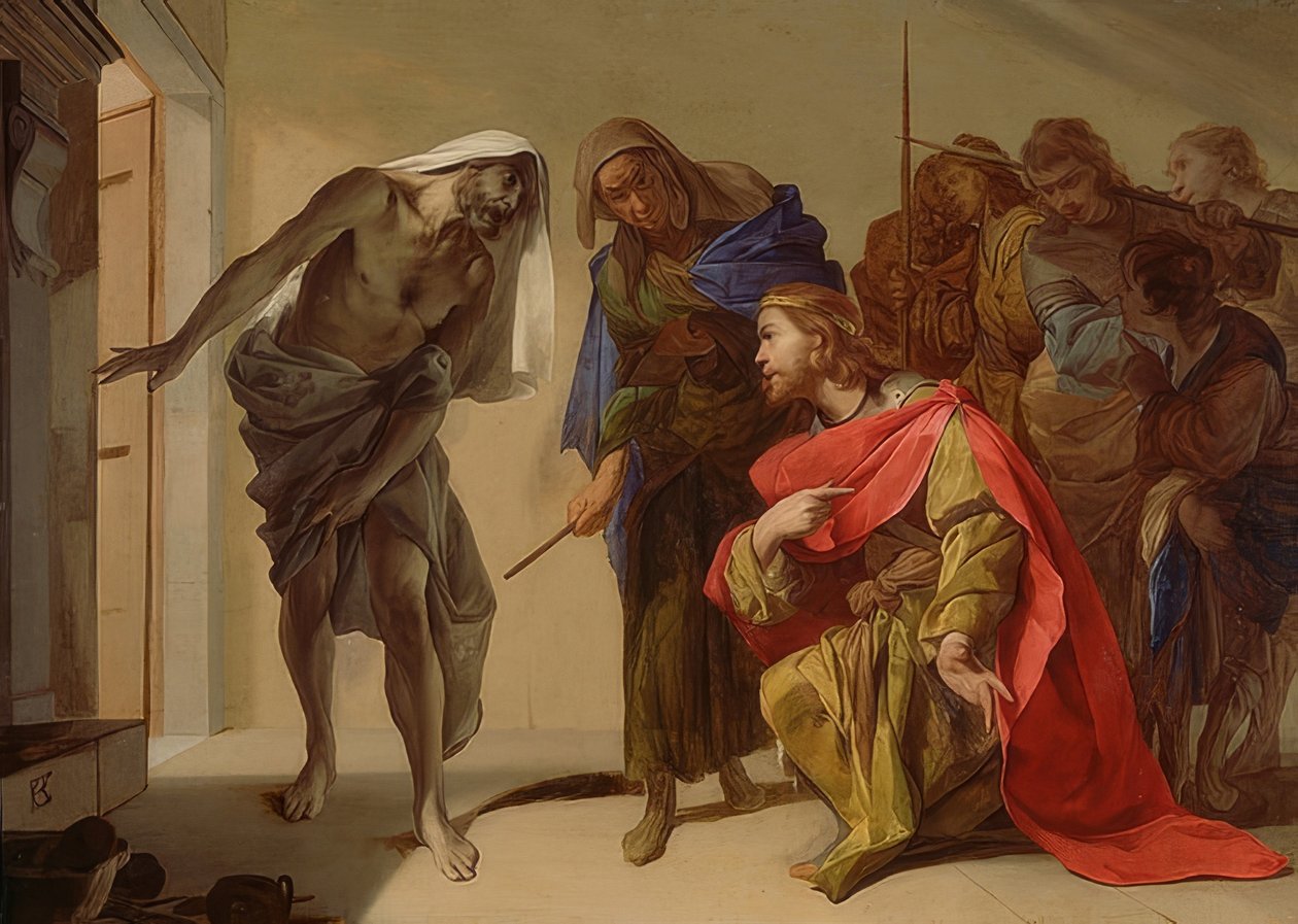 Saul a čarodějnice z Endoru. Kolem 1650-56 od Bernardo Cavallino