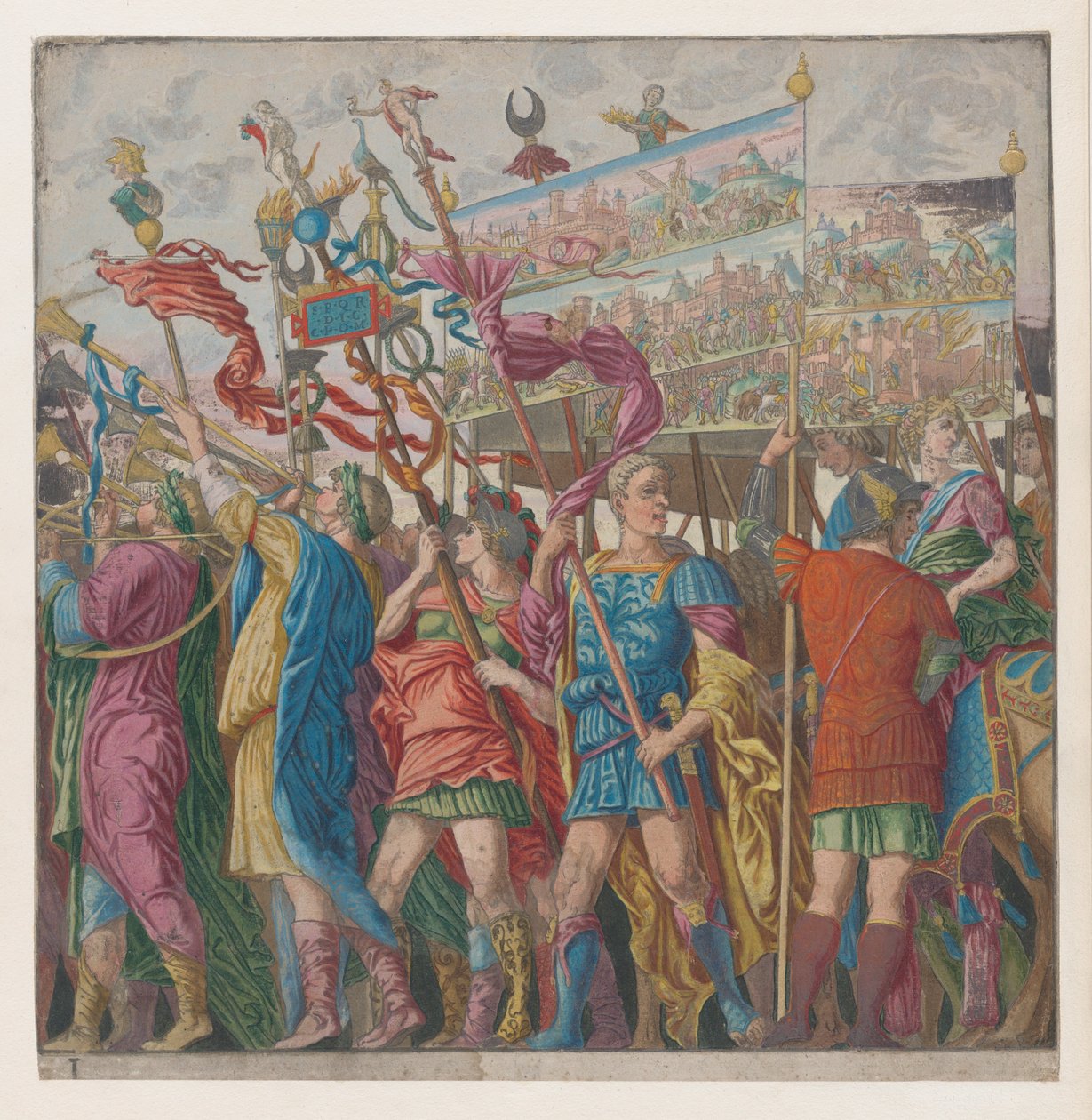List 1: Vojáci nesoucí prapory zobrazující triumfální vojenské činy Julia Caesara,..., 1599. od Bernardo Malpizzi