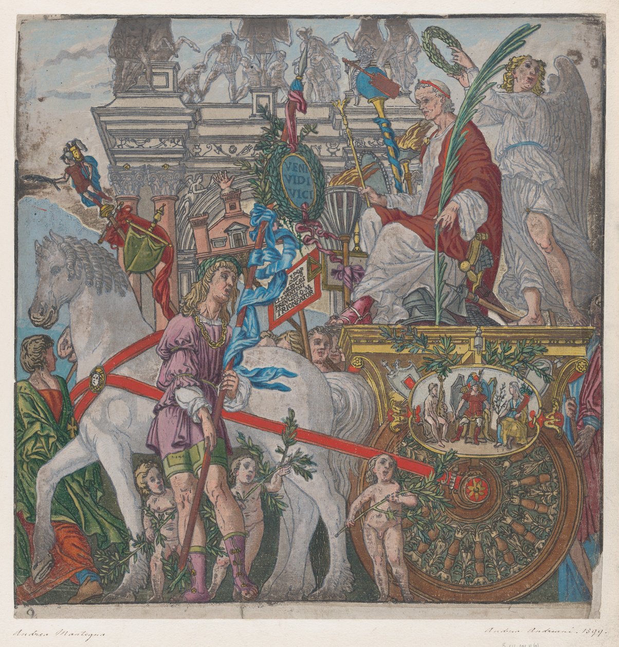 List 9: Julius Caesar ve svém voze taženém koňmi, z Triumf Julia Caesara, 1599. od Bernardo Malpizzi