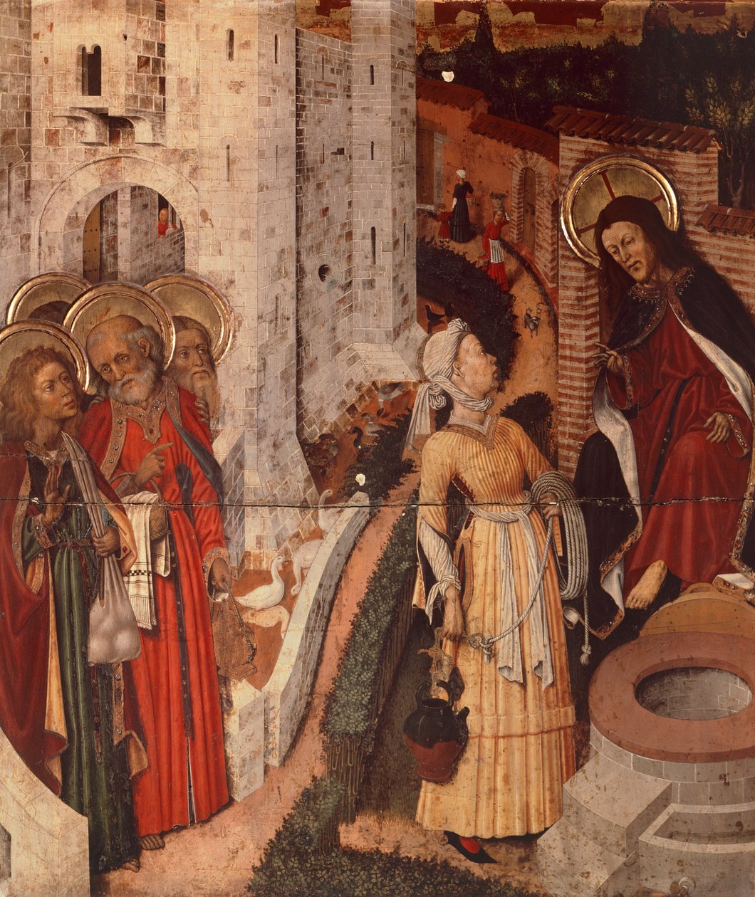 Ježíš a Samaritánka, detail z oltářního obrazu Proměnění Páně, kolem roku 1445 (malba na dřevě) od Bernardo Martorell