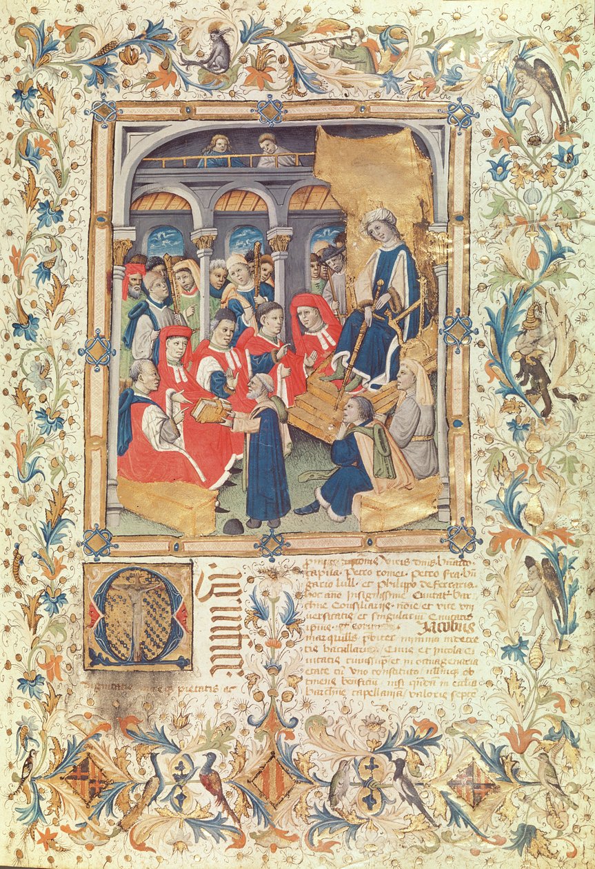 Autor představuje svou knihu radním Barcelony za přítomnosti královny Marie, manželky Alfonse V. od Bernardo Martorell