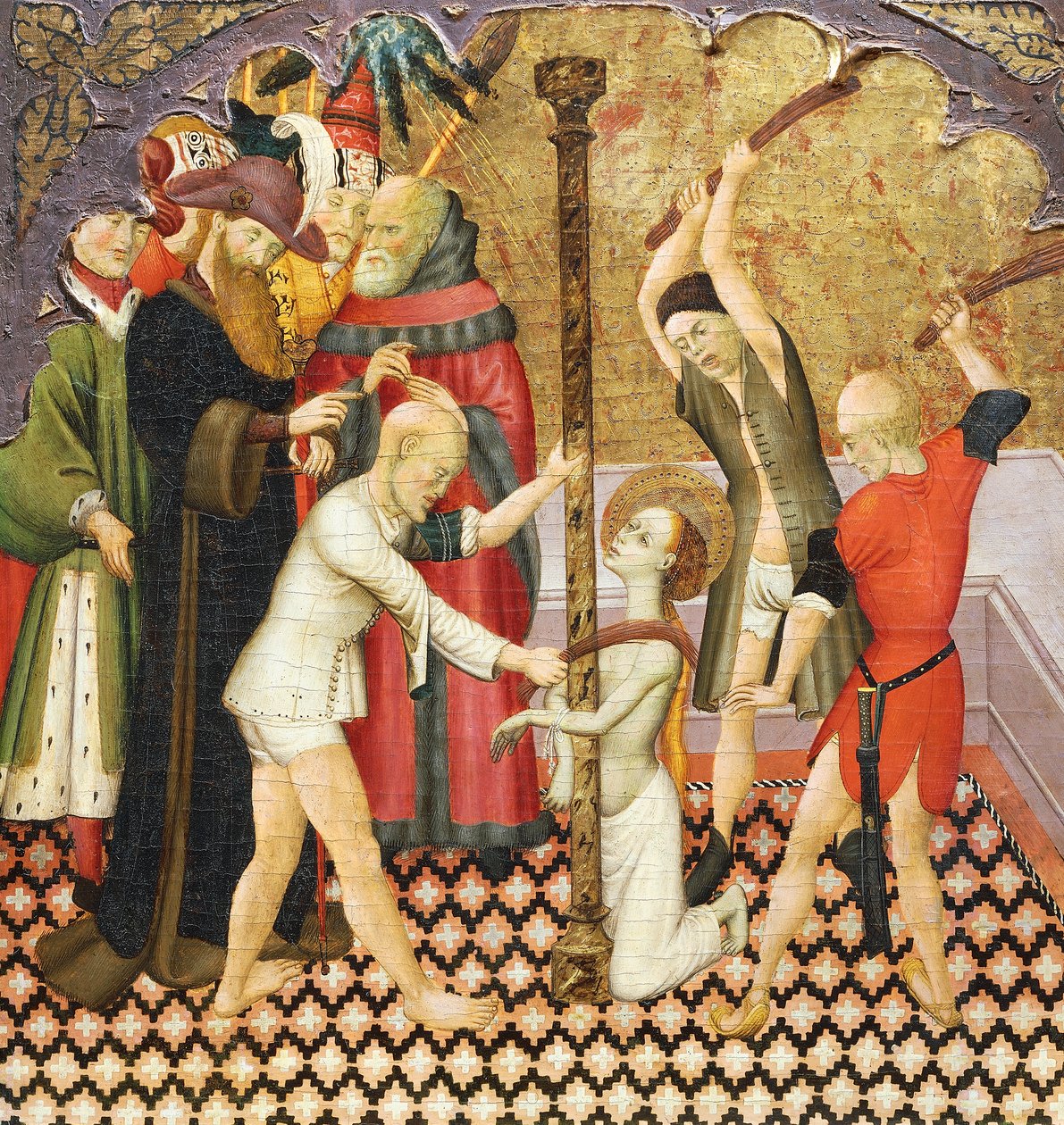 Bičíkaté sv. Eulálie, detail z predely oltářního obrazu z katedrály Vic, od Bernata Martorella (asi 1400-1452), malované na dřevě. Katalánské gotické umění. od Bernardo Martorell