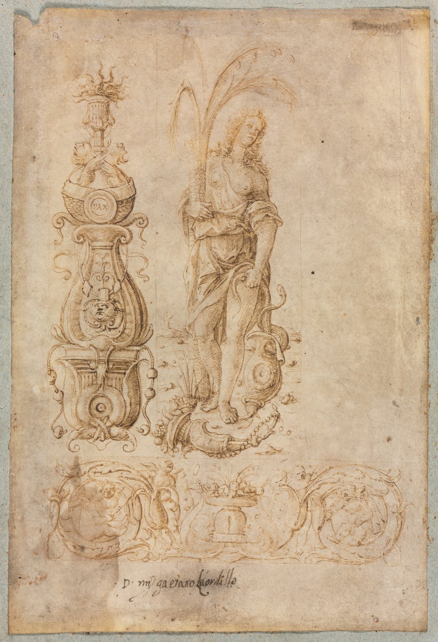 Design pro svícen, Alegorická postava hojnosti, Ornamental Relief Design, c. 90. léta 14. století. od Bernardo Parentino