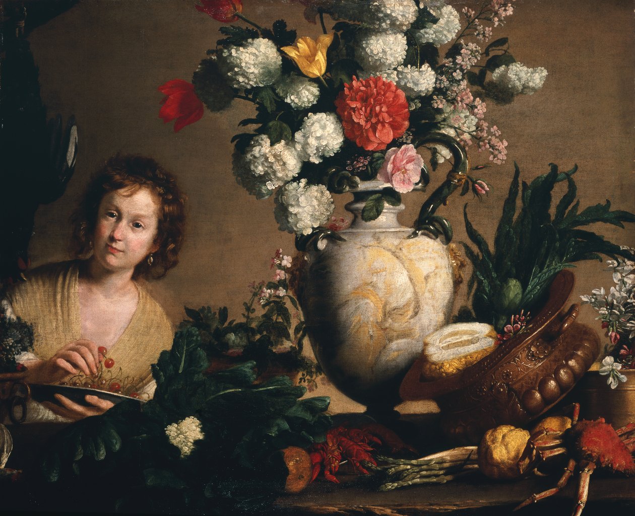 Zátiší z květin, ovoce, zeleniny a mořských plodů na římse s postavou držící talíř třešní (olej na plátně) od Bernardo Strozzi
