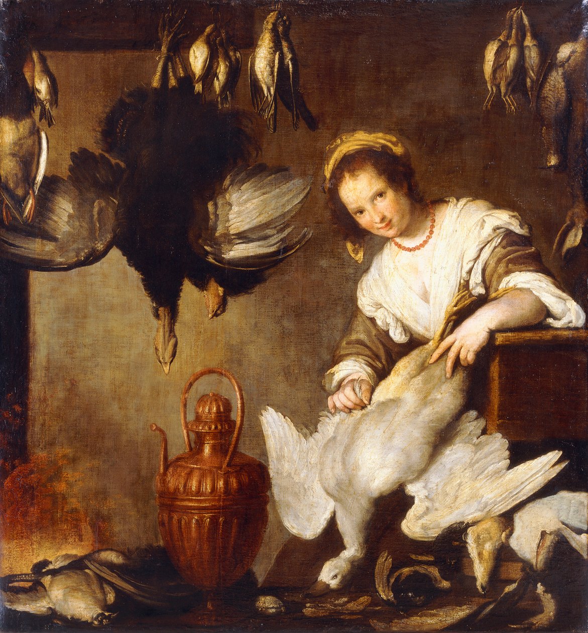 La Cuoca - Kuchyňská pokojská škubající husu v interiéru, od Bernardo Strozzi