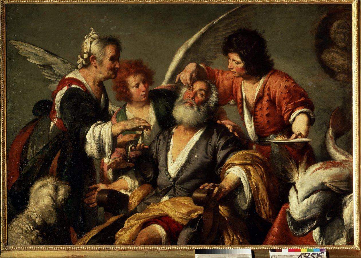 Uzdravení Tobita. Na radu archanděla Rafaela použije mladý Tobiáš žluč ryby, aby vrátil Tobiášovi, svému otci, zrak. Obraz Bernarda Strozziho (1581-1644). Olej na plátně od Bernardo Strozzi