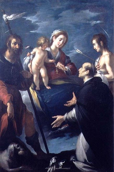 Madona Růžencová se svatým Rochem, svatým Dominikem a svatým Šebestiánem od Bernardo Strozzi