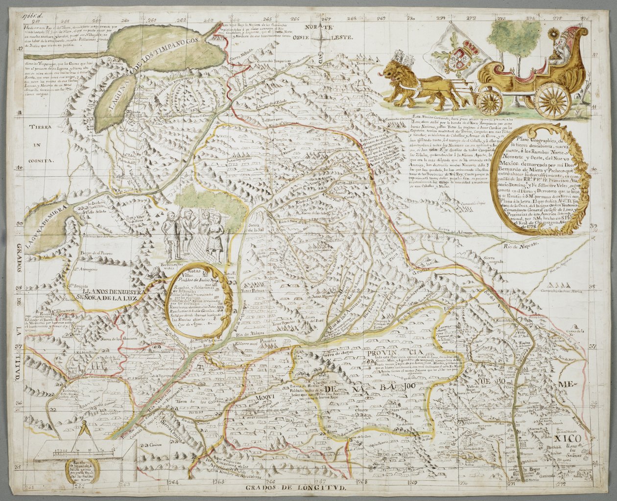 Mapa částí Nového Mexika od Bernardo de Miera y Pacheco