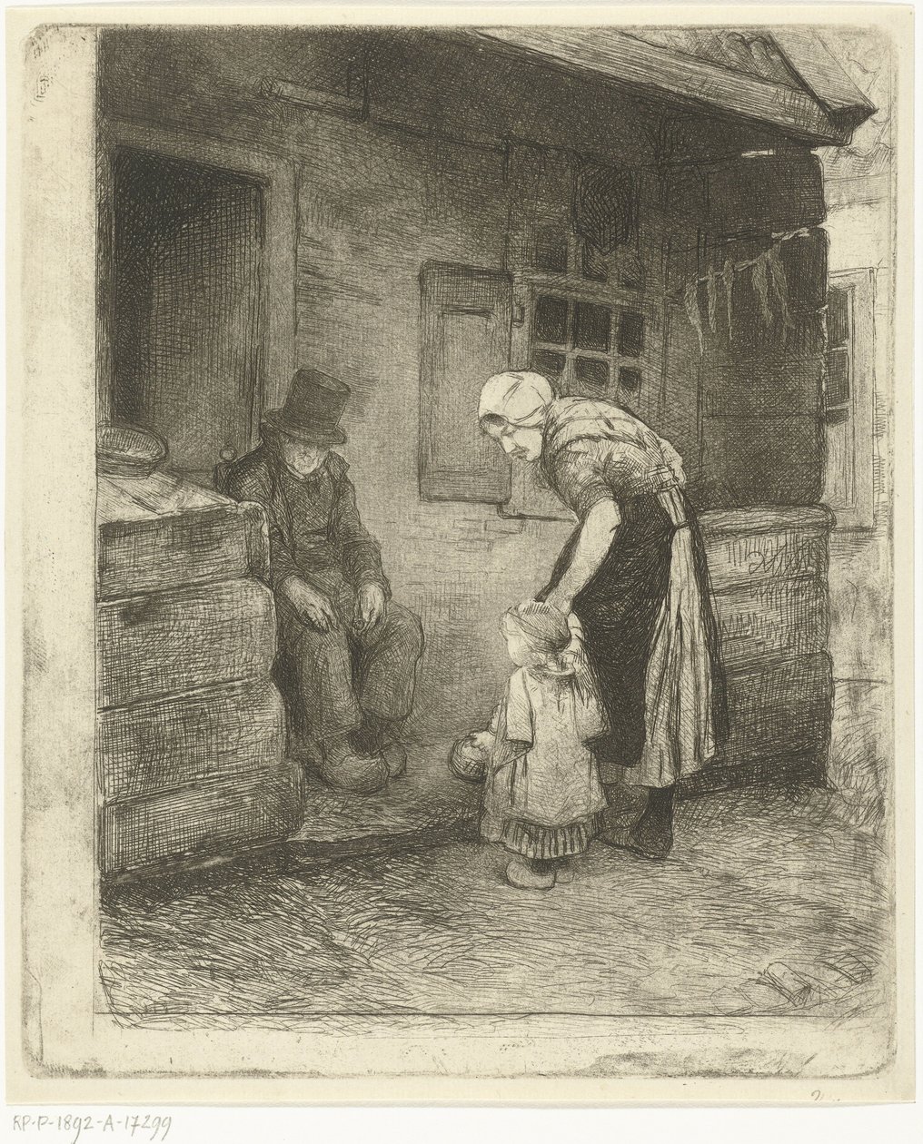 Žena s malým dítětem stojí s sedícím starým mužem před domem dělníka od Bernardus Johannes Blommers