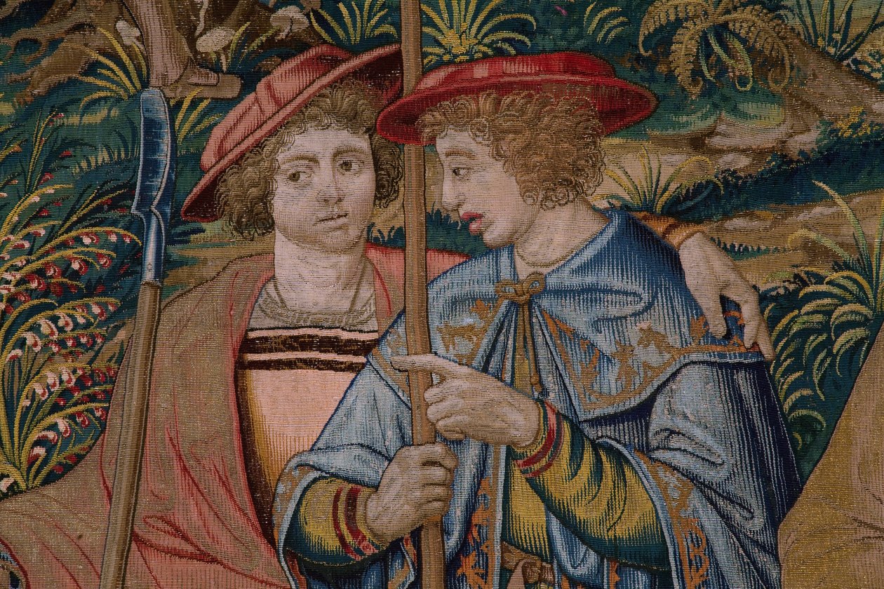 Vlámský gobelín. Seriál Založení Říma: Faustulus se setkává s Romulem a Remem. Karikaturista Barend van Orley (?). bruselská výroba. 1525-1530. Detail. od Bernart van (attr. to) Orley