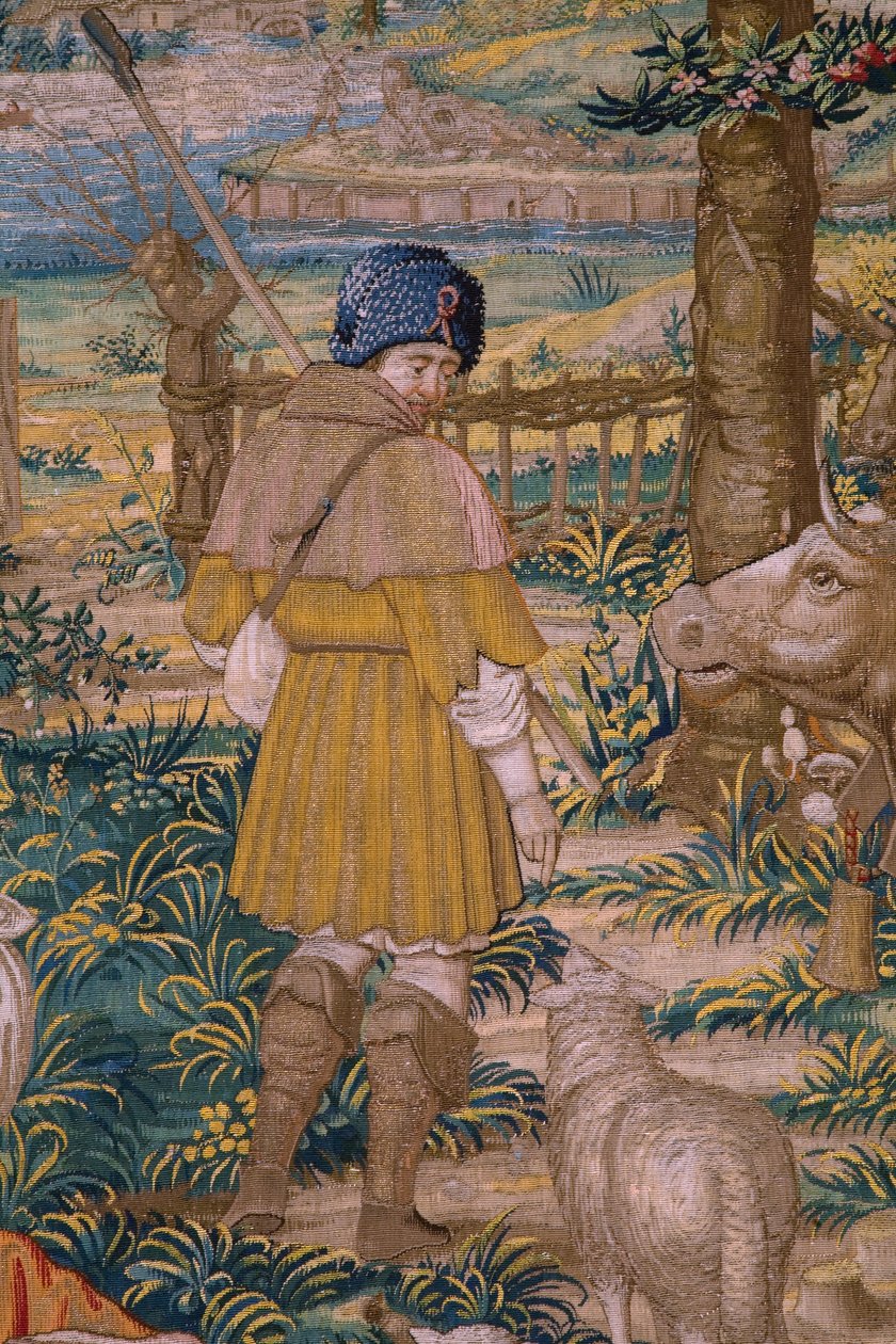 Vlámský gobelín. Seriál Založení Říma: Faustulus se setkává s Romulem a Remem. Karikaturista Barend van Orley (?). bruselská výroba. 1525-1530. Detail. od Bernart van (attr. to) Orley