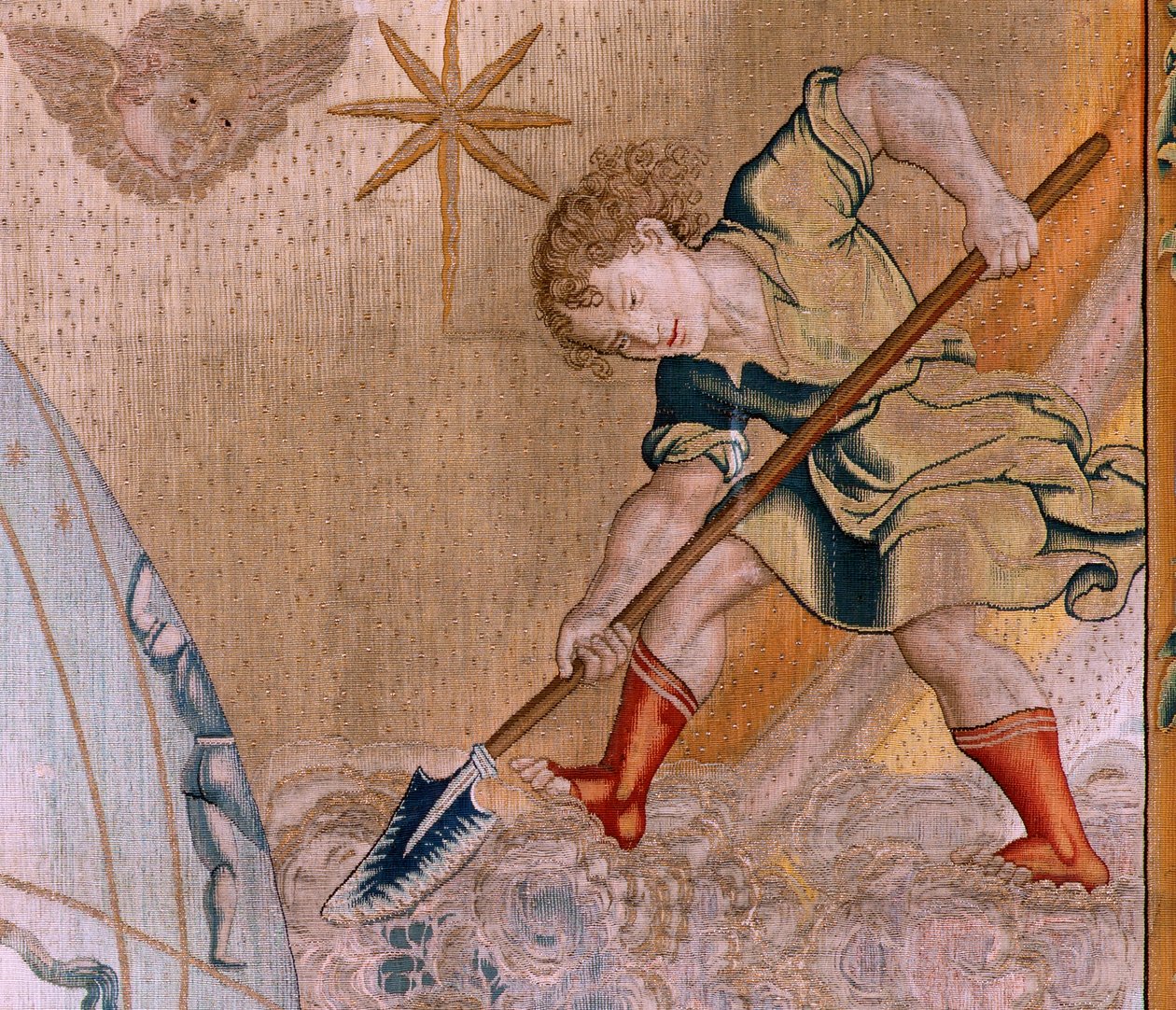 Vlámský gobelín. Série The Spheres. Herkules podporující nebeskou sféru (Hércules sostiene la esfera celeste). První tapisérie v sérii. Model Barend van Orley nebo Pieter Coecke van Aelst. 1525-1530. Výroba Joris Vezeleer (Georg Wezeler)?, B od Bernart van (attr. to) Orley