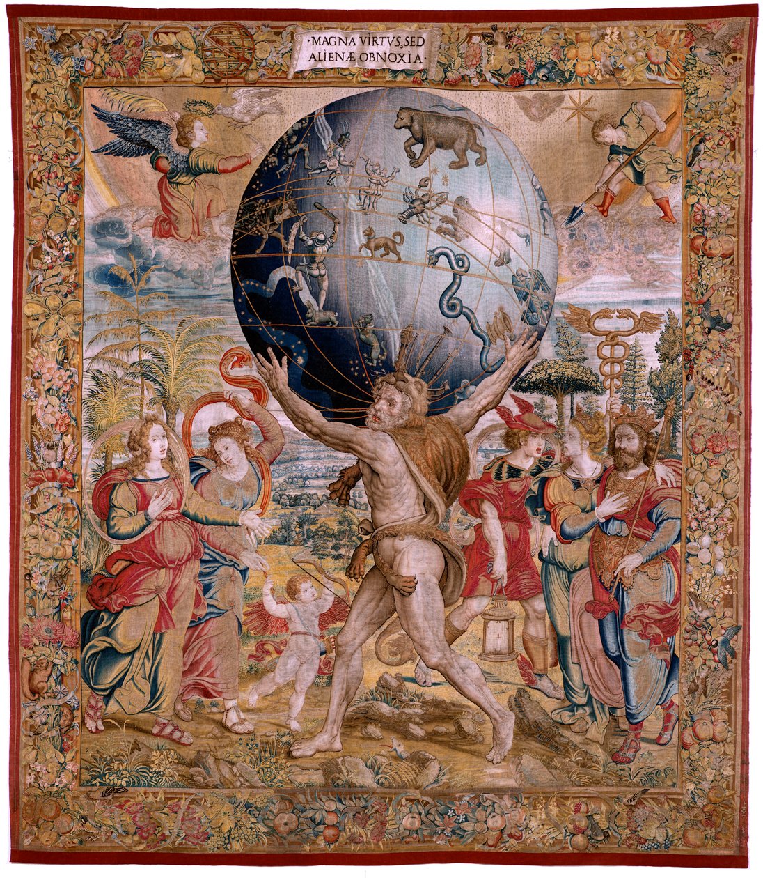 Vlámský gobelín. Série The Spheres. Herkules podporující nebeskou sféru (Hércules sostiene la esfera celeste). První tapisérie v sérii. Model Barend van Orley nebo Pieter Coecke van Aelst. 1525-1530. Výroba Joris Vezeleer (Georg Wezeler)?, B od Bernart van (attr. to) Orley