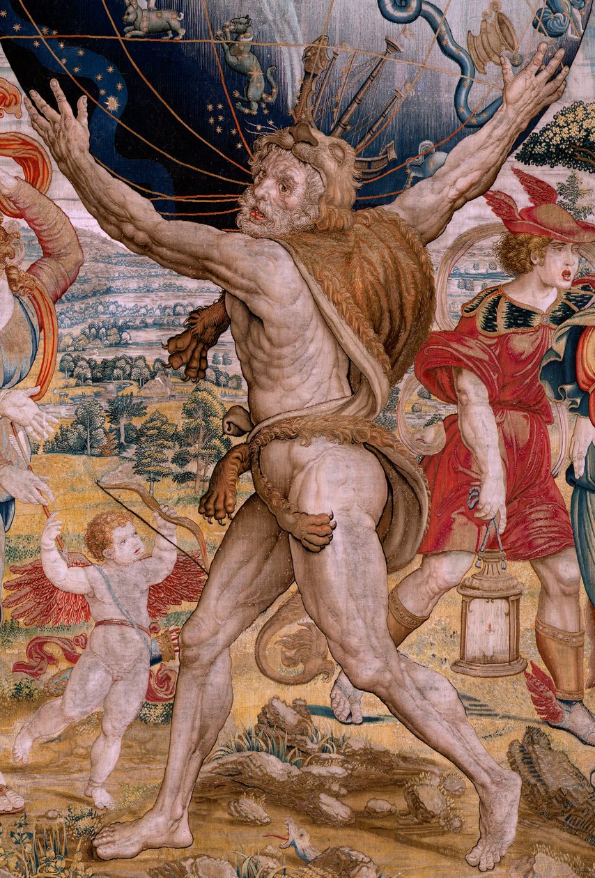 Vlámský gobelín. Série The Spheres. Herkules podporující nebeskou sféru (Hércules sostiene la esfera celeste). První tapisérie v sérii. Model Barend van Orley nebo Pieter Coecke van Aelst. 1525-1530. Výrobce Joris Vezeleer (Georg Wezeler)?, od Bernart van (attr. to) Orley