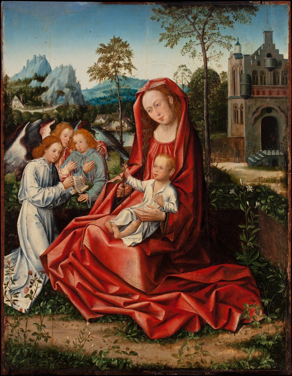 Panna s dítětem a anděly, asi 1530-1550 (olej na desce) od Bernart van (follower of) Orley