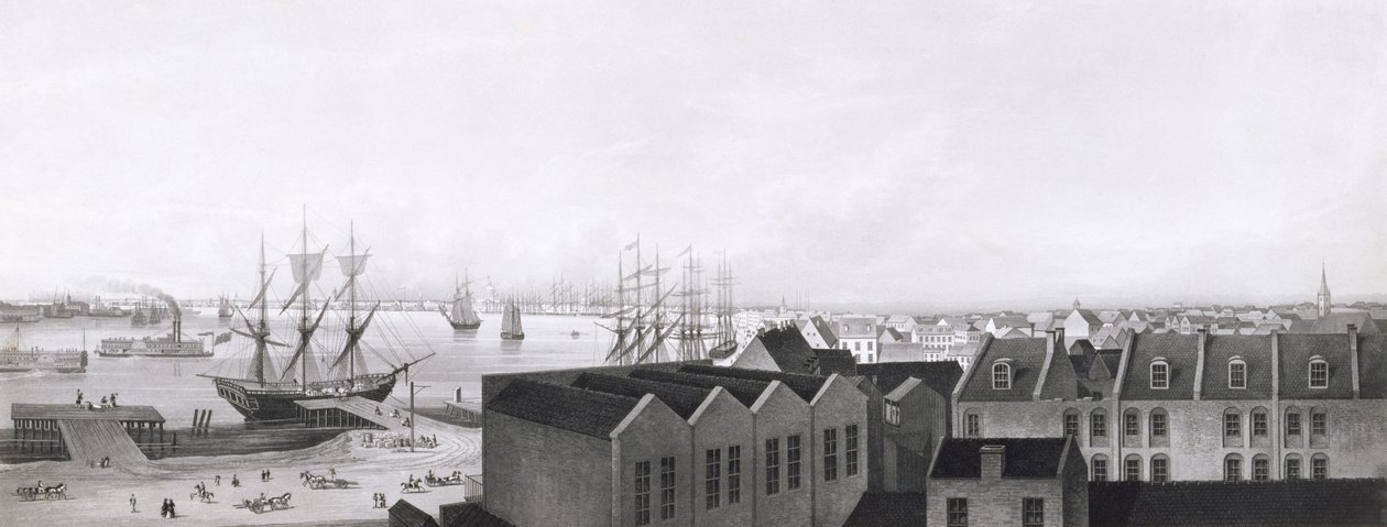 Pohled na New Orleans převzatý z Lower Cotton Press, 1860 (akvatinta) od Bernhard J. Dondorf