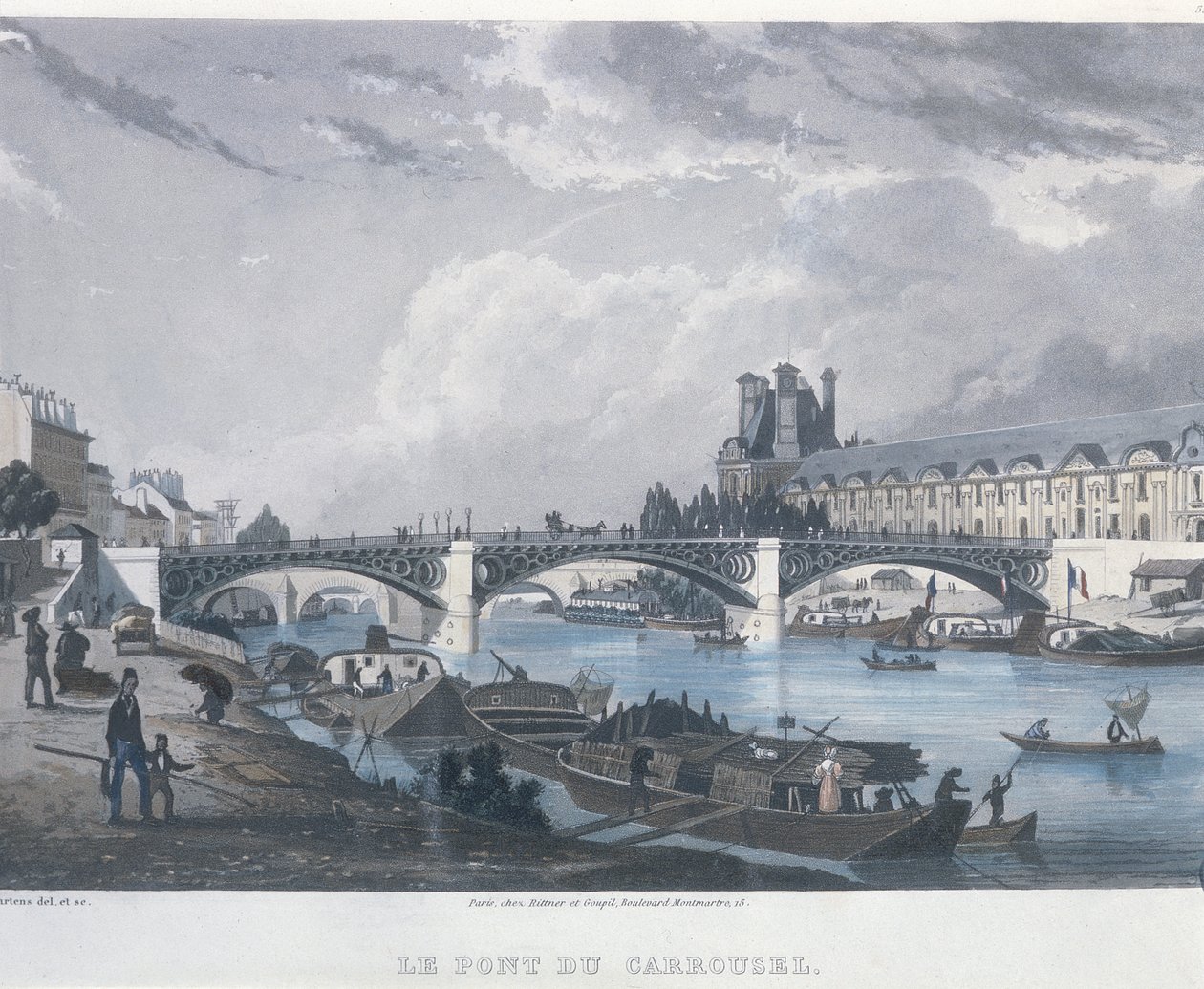 Pont du Carrousel, 1832 (barevná rytina) od Bernhard Schmidt
