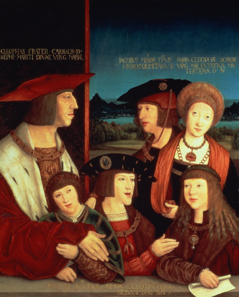 Maxmilián I. (1459-1519) se svou první manželkou Marií Burgundskou (1457-82), mezi nimi jejich syn Filip I. Španělský a král Kastilie (Sličný) (1478-1506), jeho synové Karel V. (1500-58), Ferdinand I. (150 od Bernhard Strigel