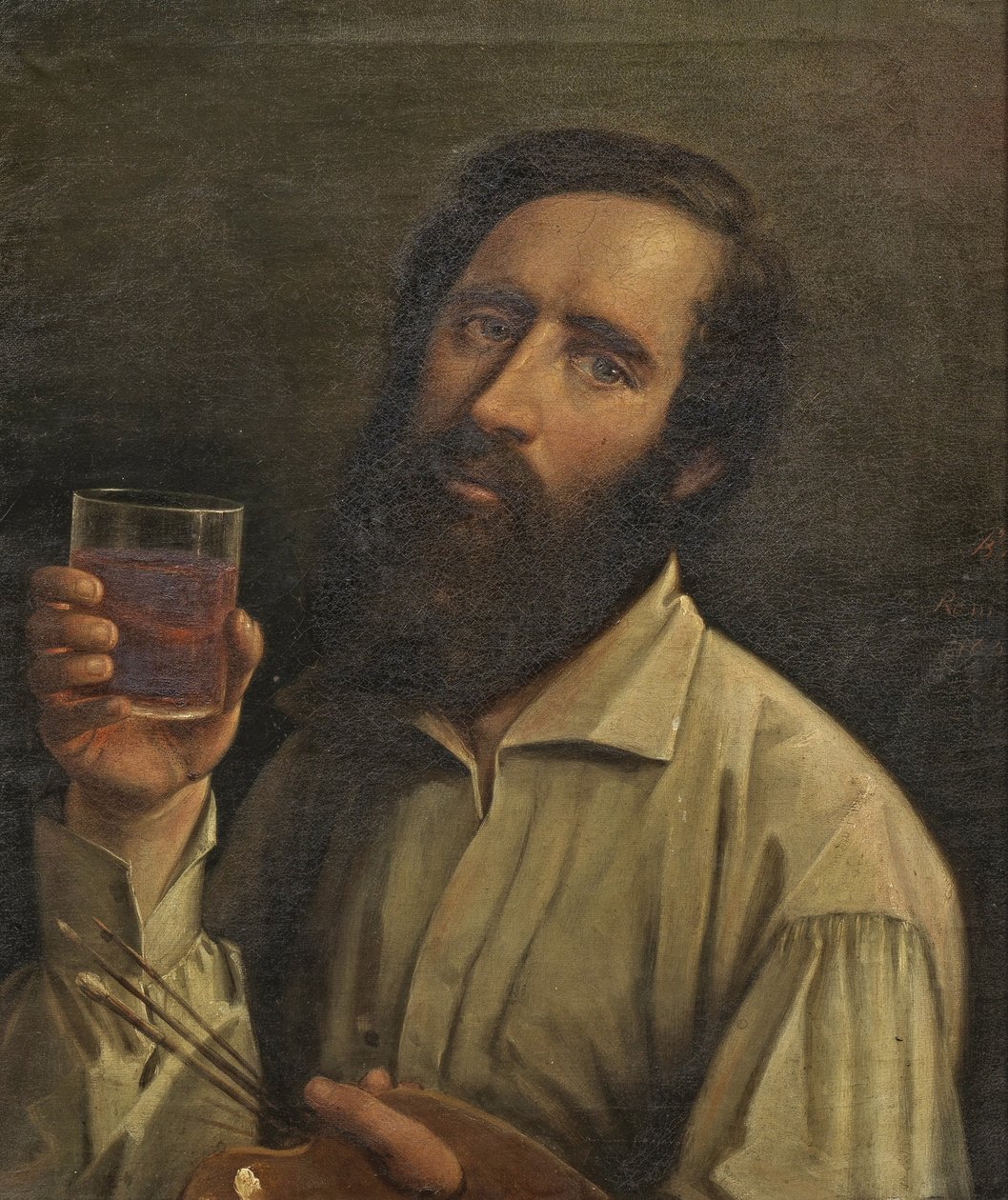 Bernhard Plockhorst - Autoportrét s paletou a pohárem na víno, 1854 od Bernhard Plockhorst