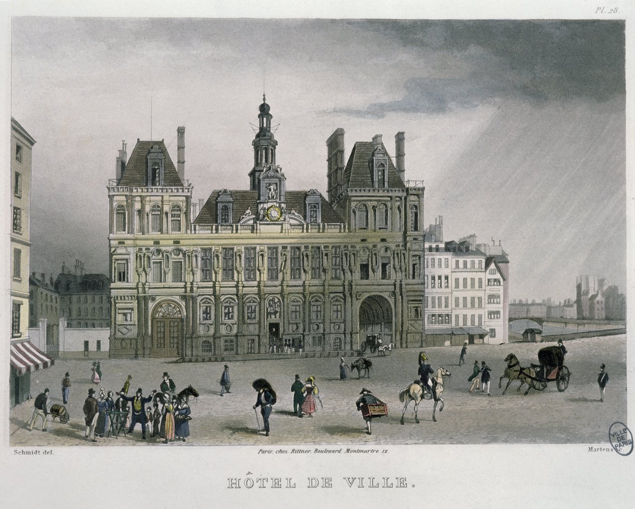 Hotel de ville, Paříž, 1832 (barevná rytina) od Bernhard Schmidt