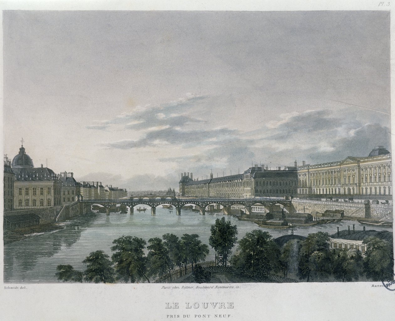 Pont nebo Passerelle des Arts, Paříž, 1832 (barevná rytina) od Bernhard Schmidt