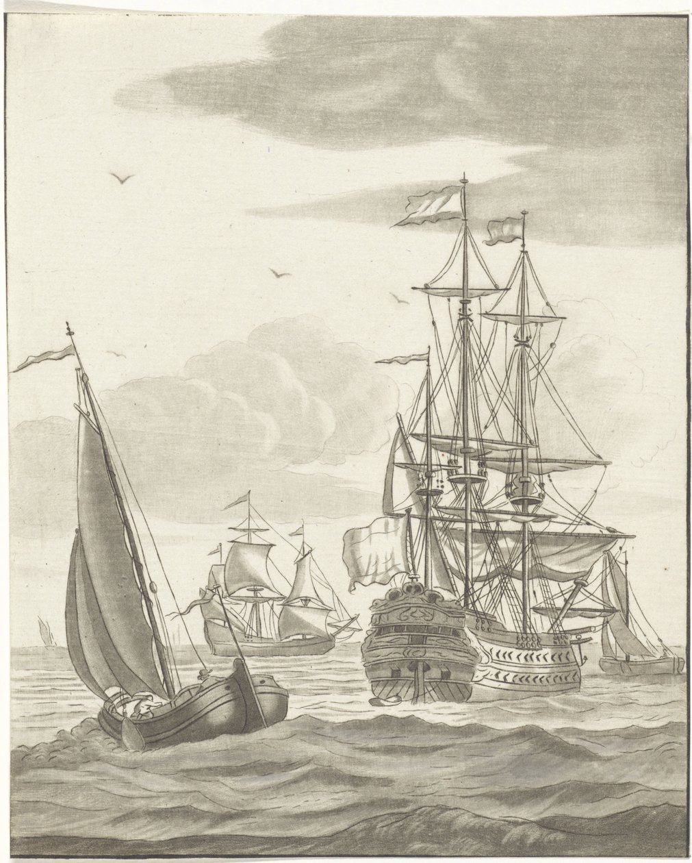 Válečná loď a tři plachetnice na otevřeném moři od Bernhard Schreuder