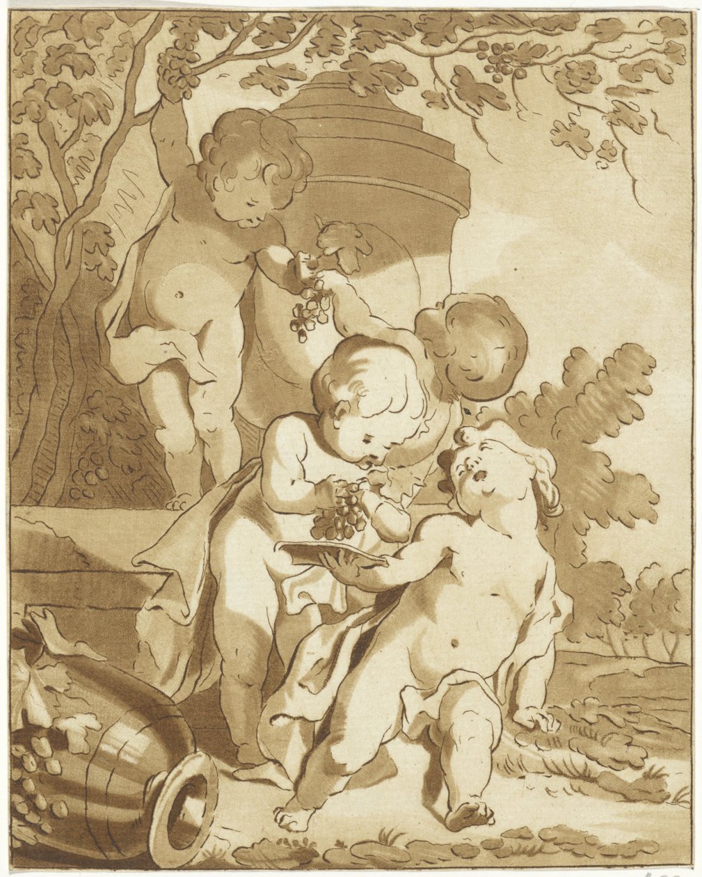 Čtyři putti sbírající hrozny u vázy od Bernhard Schreuder