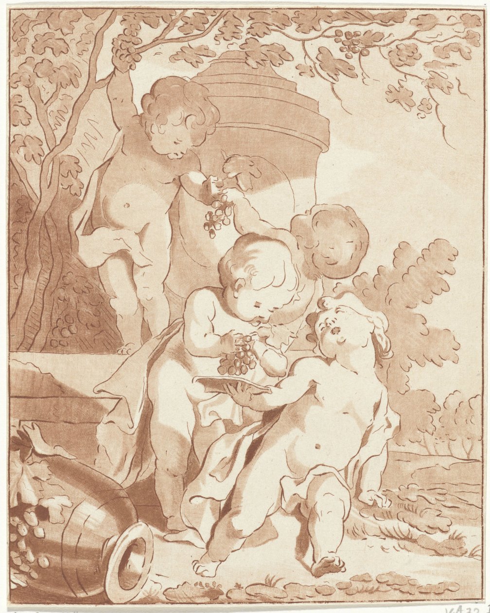 Čtyři putti sbírající hrozny u vázy od Bernhard Schreuder