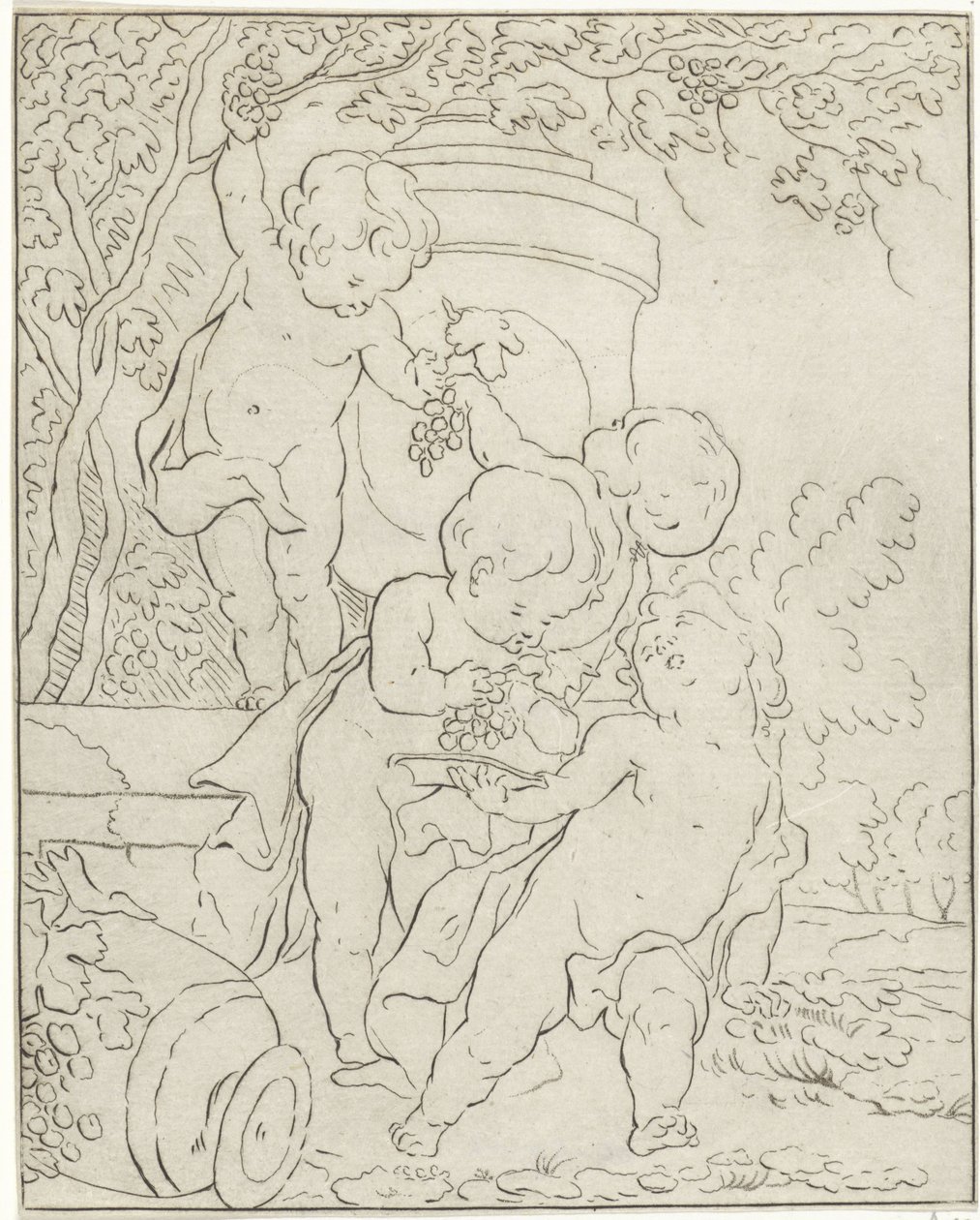 Čtyři putti sbírající hrozny u vázy od Bernhard Schreuder