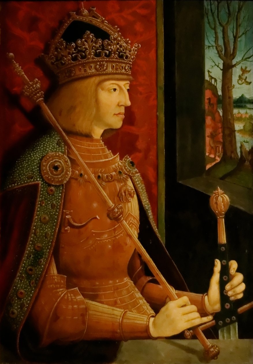 Císař Maxmilián I. 1459-1519, s korunou, žezlem a mečem, c. 1500 od Bernhard Strigel