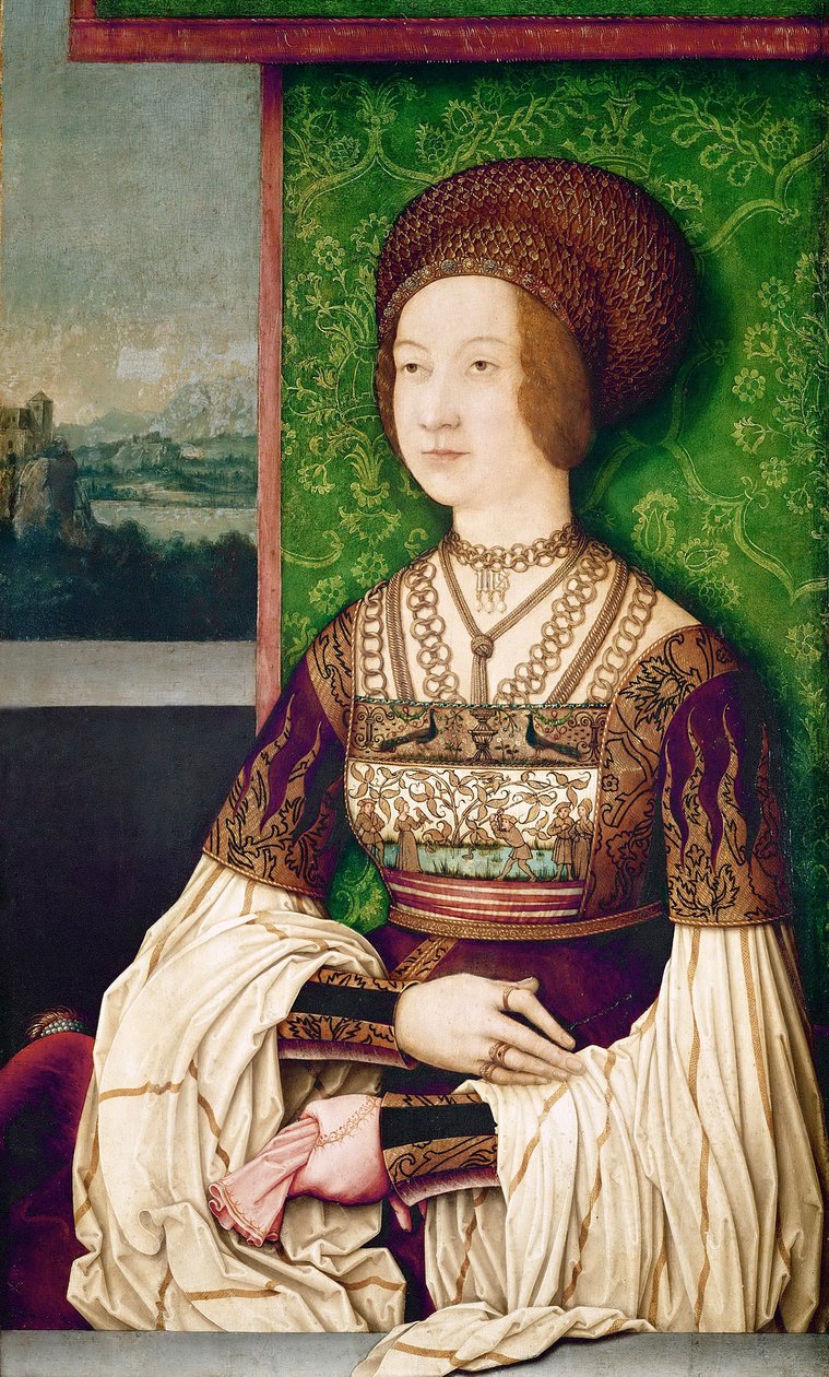 Rodina císaře Maxmiliána I.: portrét císařovny Biancy Marie (Blanche-Marie) Sforza (1472-1510)"" - Portrét Biancy Marie Sforzy (1472-1510), druhé manželky Maxmiliána I., císaře Svaté říše římské od Strigela, Bernharda (asi 1460-1528) (nebo l od Bernhard Strigel