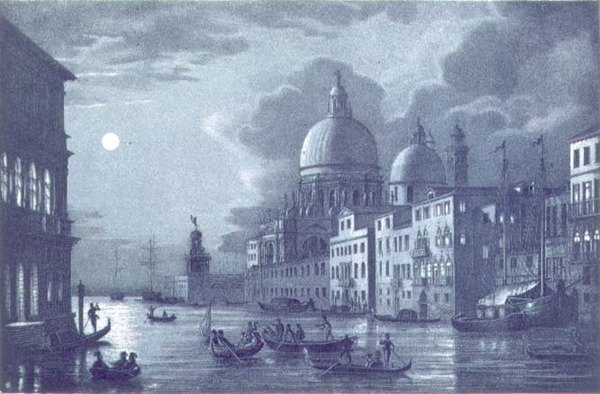 Noční scéna Canal Grande a Santa Maria della Salute, Benátky, vyryto Brizeghelem (litho) od Berselli (after)