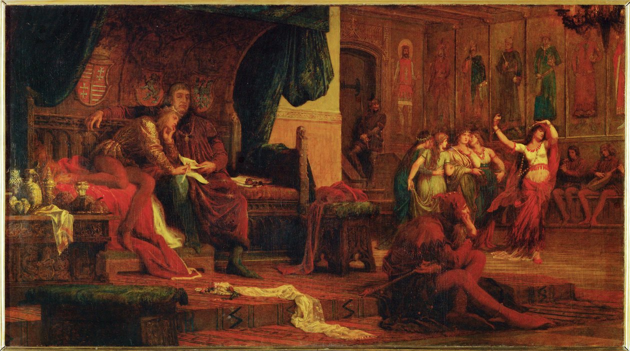 Uherský král László V. a jeho rada Ulrich z Cilli, který mladého krále rozmazluje, aby se mohl ujmout vlády (malba na plátně) od Bertalan Szekely