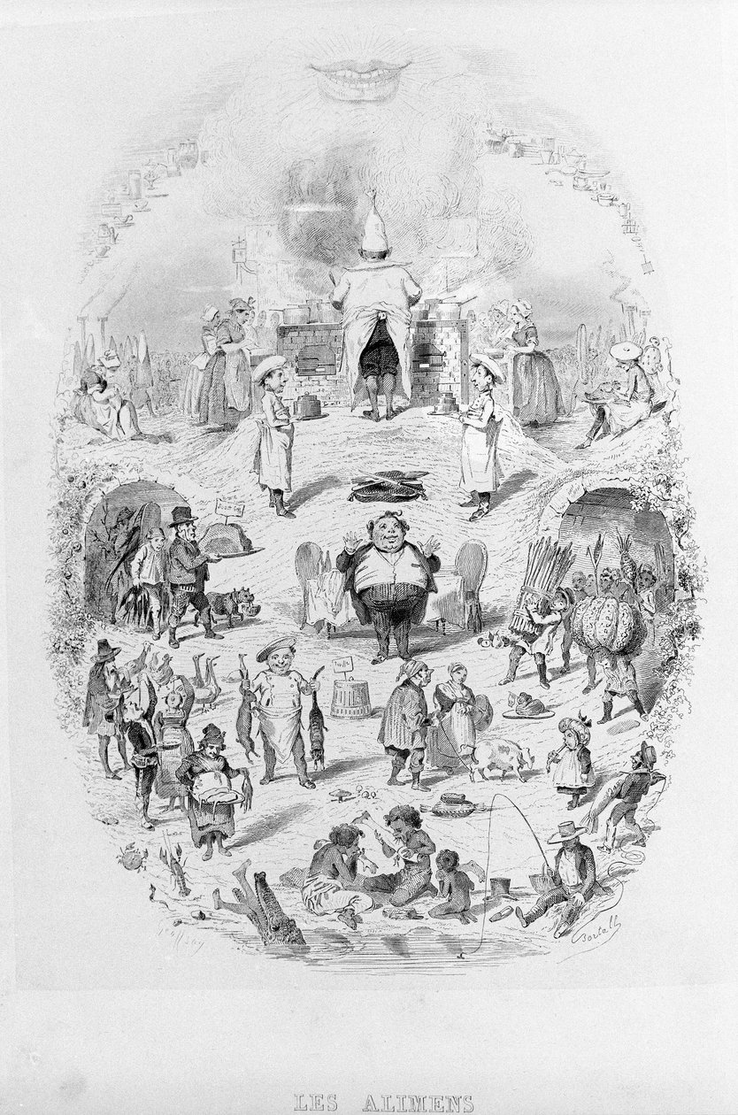 Jídlo: vaření a různé způsoby přípravy jídla v Brillat - Savarin ilustrovaný Bertallem. Paříž 1840. od Bertall