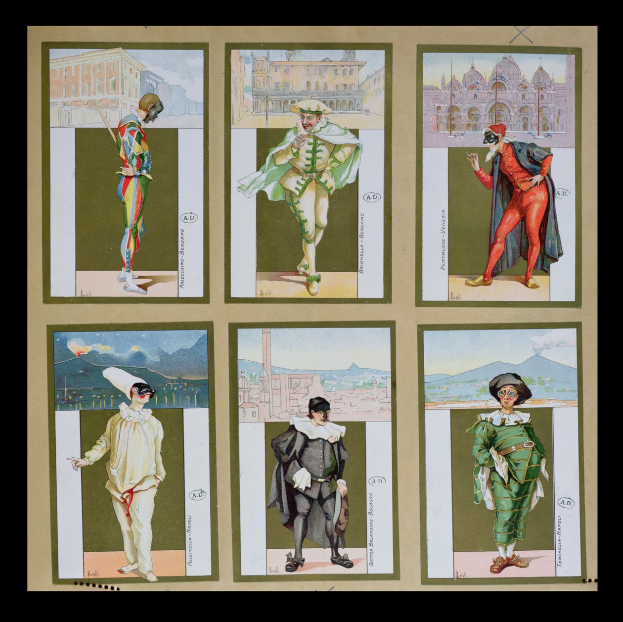 Sada šesti vinět zobrazujících postavy z Commedia dellArte, kolem roku 1900 od Bertelli