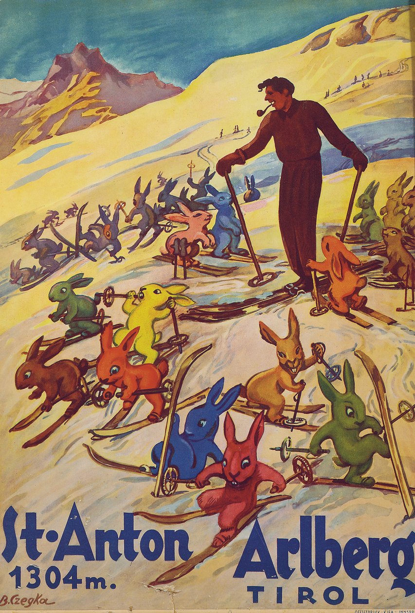 St. Anton, Arlberg, cca 1930 (barevná litografie) od Bertha Czegka