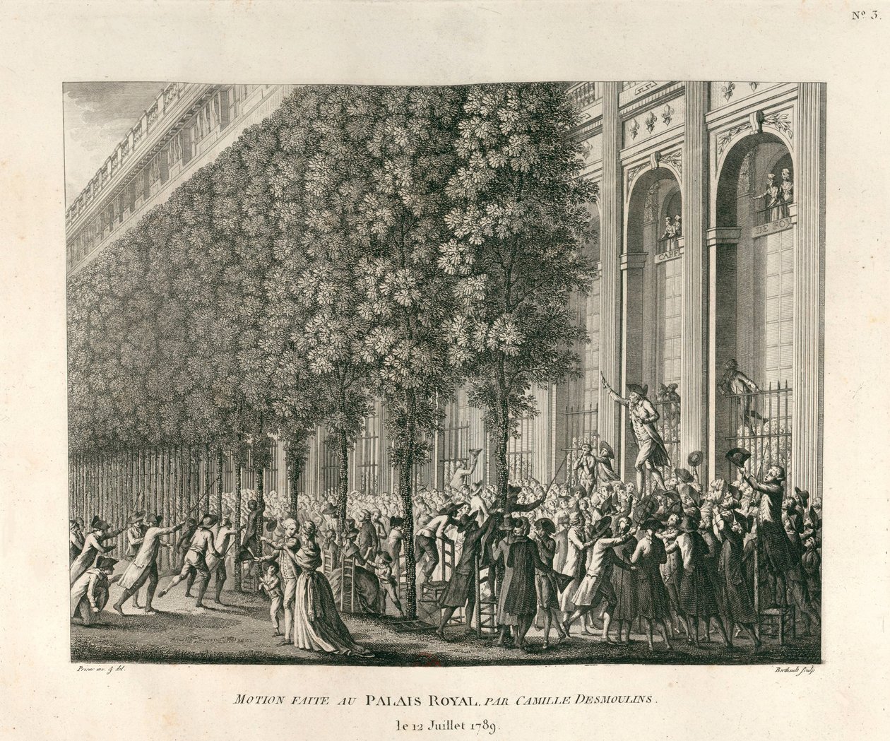 Návrh Camilla Desmoulinse podaný v Palais Royal 12. července 1789. od Berthault