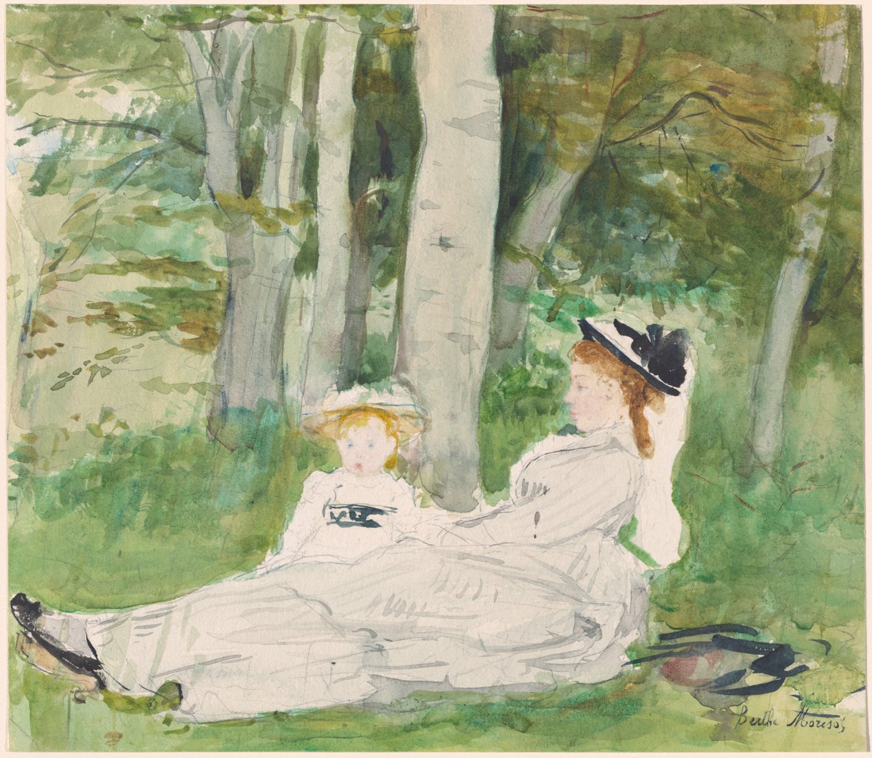 Na okraji lesa (Edma a Jeanne), kolem roku 1872 (wc a grafit na papíře) od Berthe Morisot