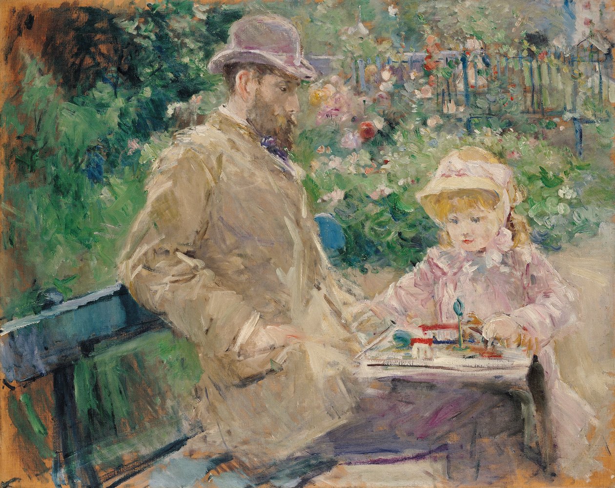 Eugene Manet (1833-92) se svou dcerou v Bougival, kolem roku 1881 od Berthe Morisot