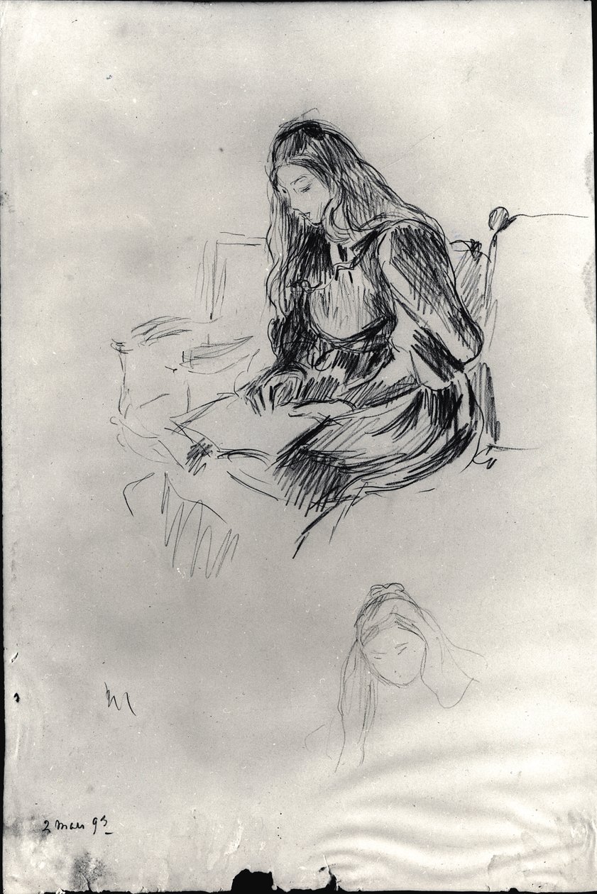 Julie Manet (1878-1966) čtení, 2. března 1893 (černé olovo na papíře) od Berthe Morisot