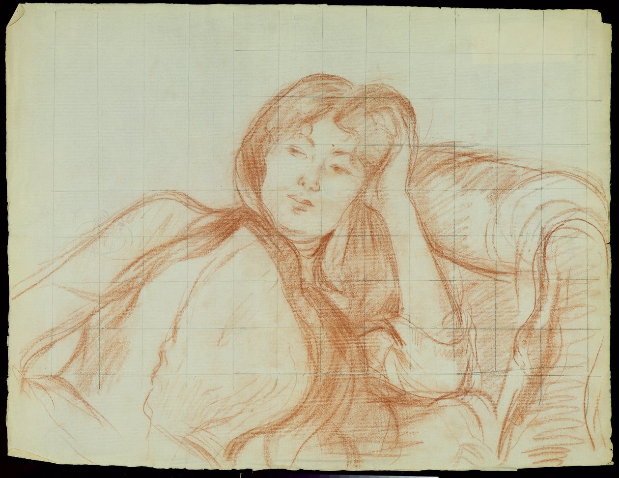Mladá dívka opřená o loket, 1887 (červená křída na papíře) od Berthe Morisot