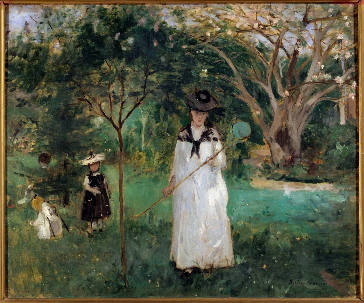 Lov motýlů Mladá žena držící síť na motýly. Obraz Berthe Morisot (1841-1895) 1874 Ne. 0,46x0,56 m Paříž, musee d