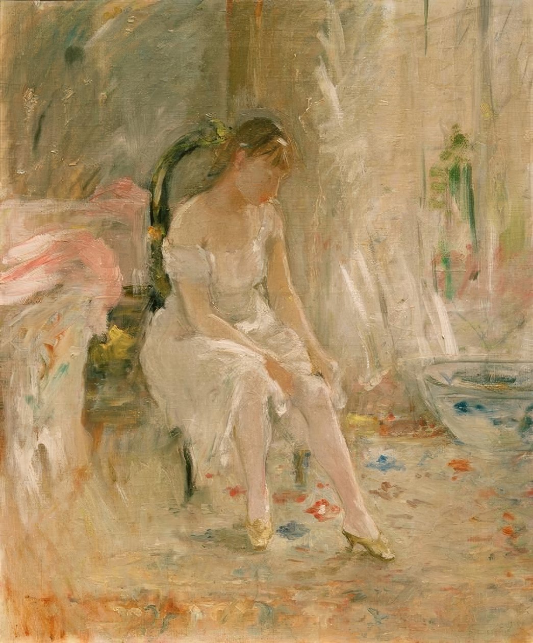 Žena oblékání nebo mladá dívka nasazování punčochy od Berthe Morisot