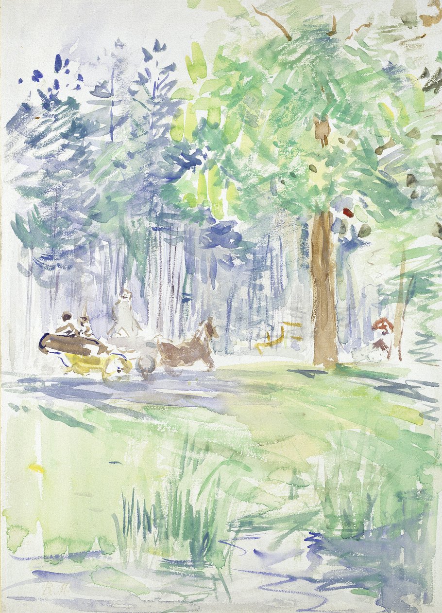 Kůň a kočár na lesní cestě, po roce 1883 (akvarel na bílém tkaném papíře) od Berthe Morisot
