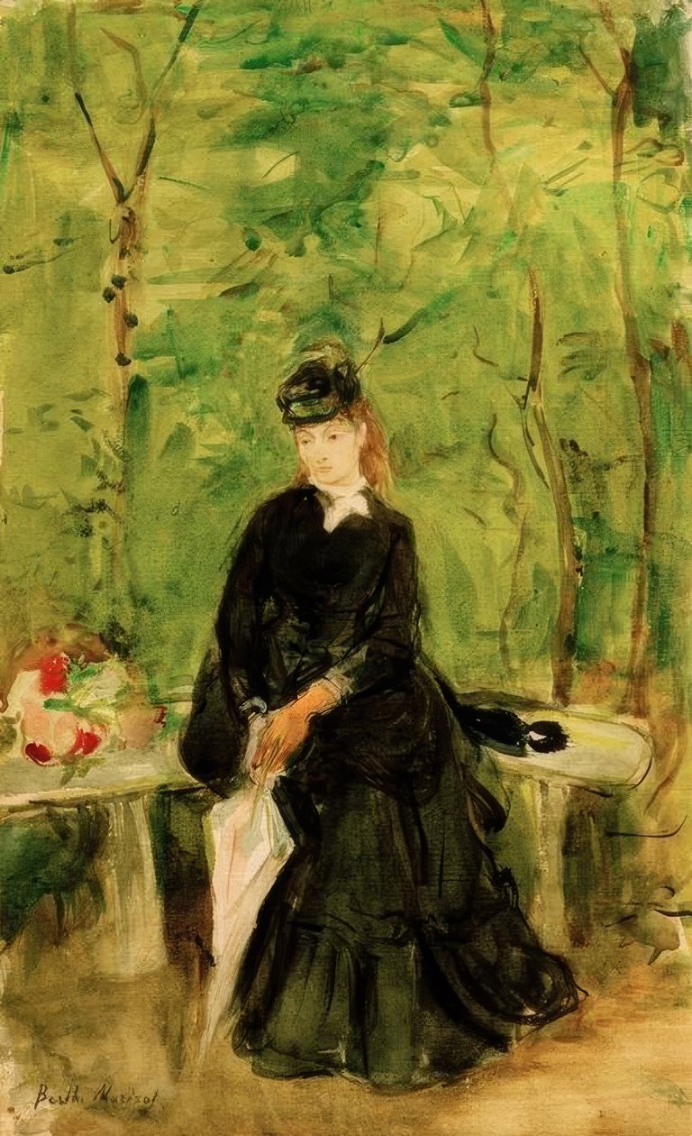 Umělcova sestra Edma sedí v parku od Berthe Morisot