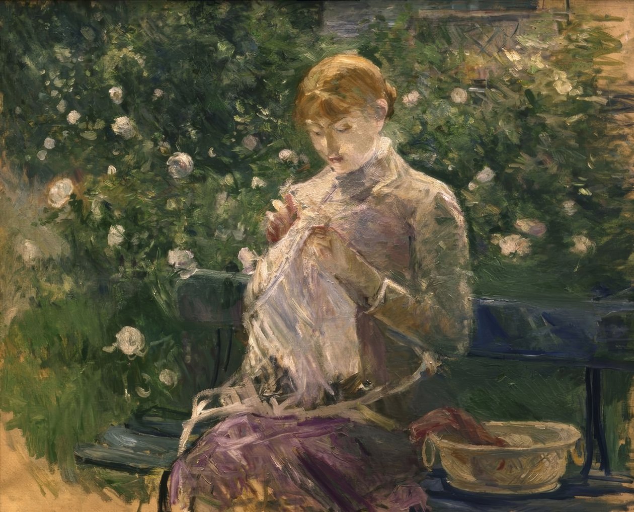 Šití pasie v Bougivalově zahradě – 1881 – 81 × 100 cm – olej na plátně od Berthe Morisot