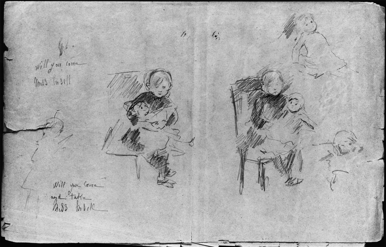 Studie pro holčičku s panenkou, 1884 (černá tuha na papíře) od Berthe Morisot