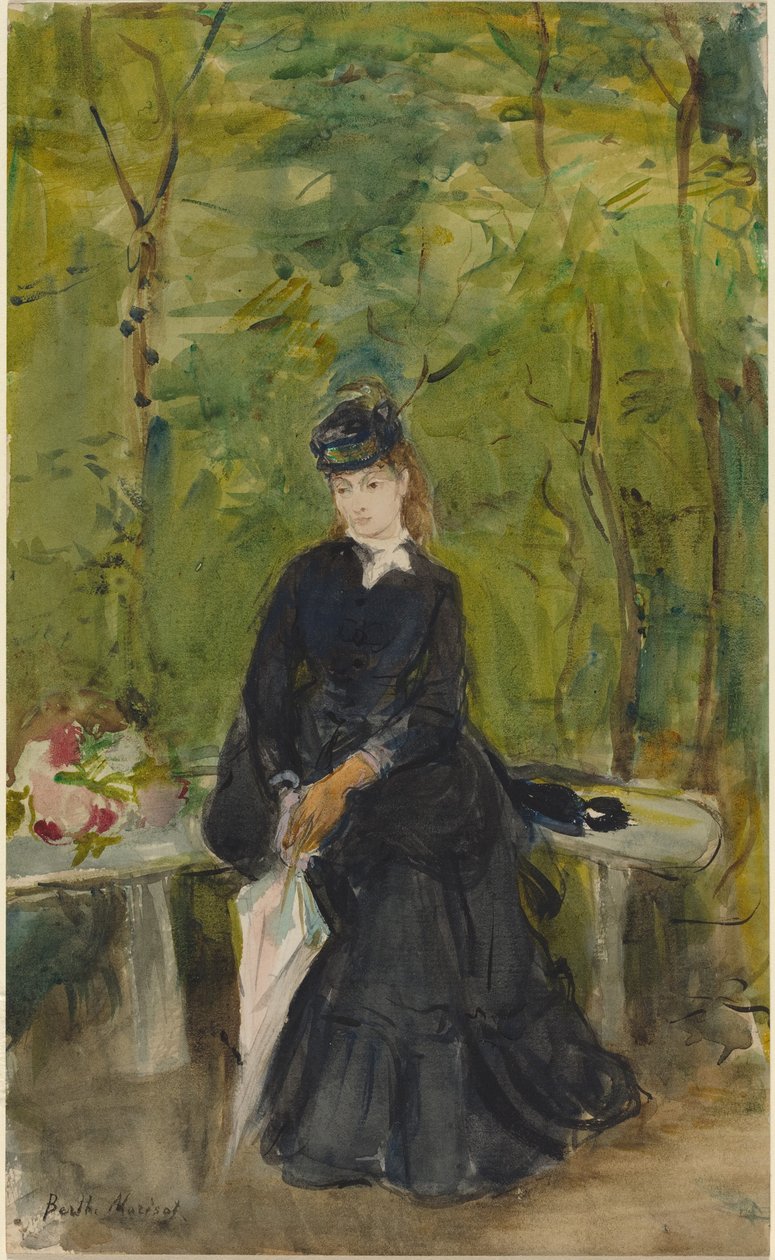 Umělcova sestra Edma sedící na lavičce od Berthe Morisot